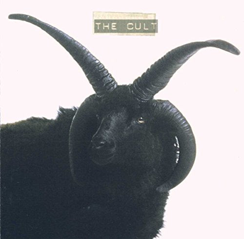 "CD cover featuring a black goat with large horns against a white background."