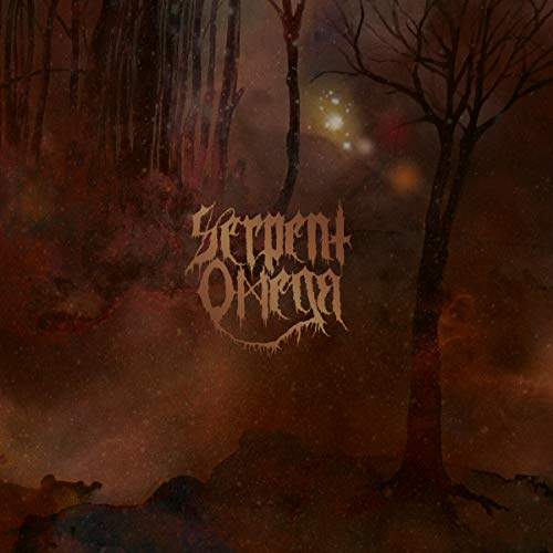 "Dark forest scene with 'Serpent Omega' text in stylized, gothic font, surrounded by eerie atmosphere."