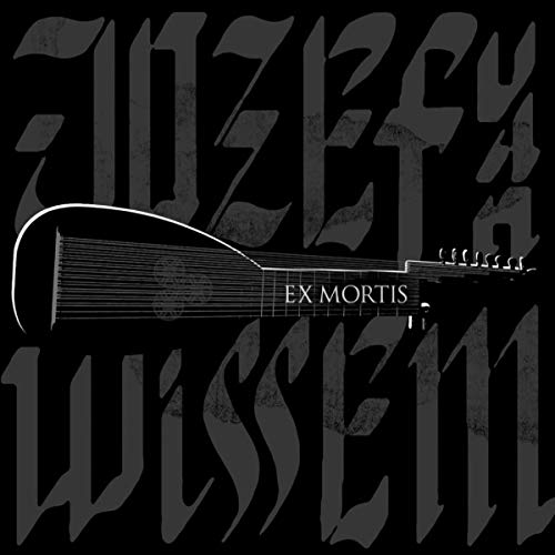 Black background with a white-outlined guitar and "EX MORTIS" text, surrounded by gray text overlay.