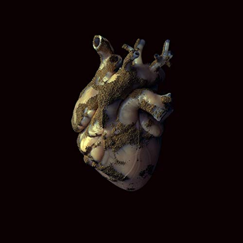 Anatomical heart covered in dark brown dirt against a black background.