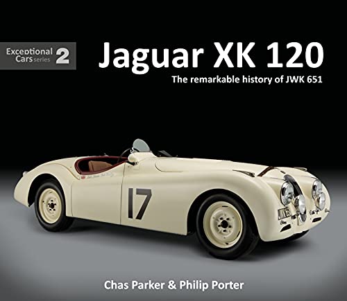 "Book cover featuring a white Jaguar XK 120 car with number 17 on a grey background."