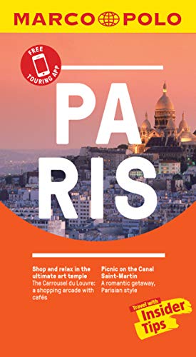 The image shows a travel guide cover for Paris. For accessibility purposes, a concise alt text could be: "Travel guide cover with Paris cityscape and 'MARCO POLO' title."