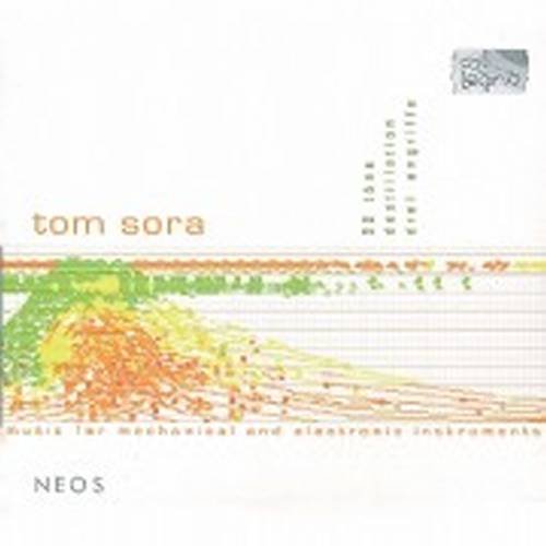 "Album cover with abstract orange and green design, artist name 'tom sora' on light blue background."