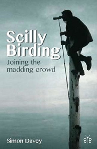 "Book cover with a man perched on a pole, using binoculars, against a cloudy sky."