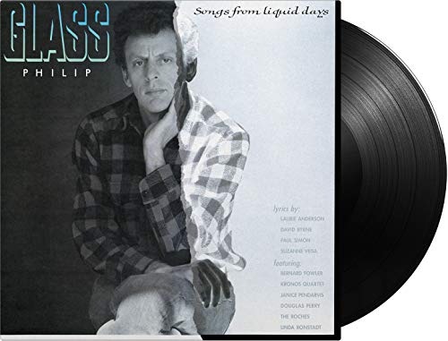 "Black and white vinyl album cover featuring Philip Glass with a plaid shirt."