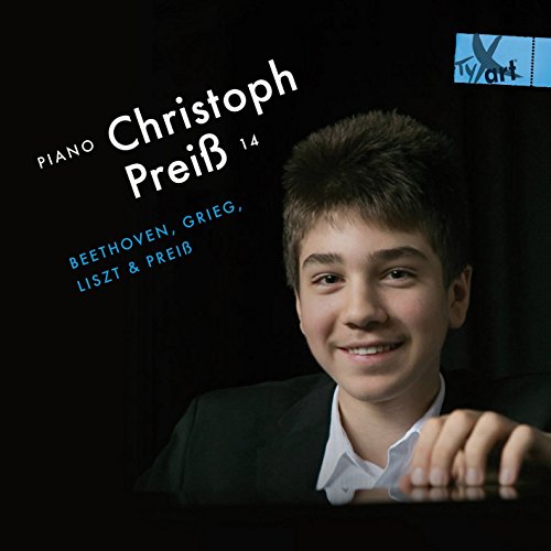 "CD cover featuring a young pianist, Christoph Preiß, against a black background."