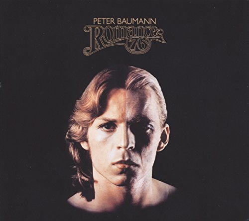 Vinyl album cover with Peter Baumann's portrait and "Romance '76" title on black background.