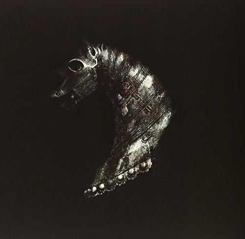 A silver horse head on a black background, part of a vinyl record cover.
