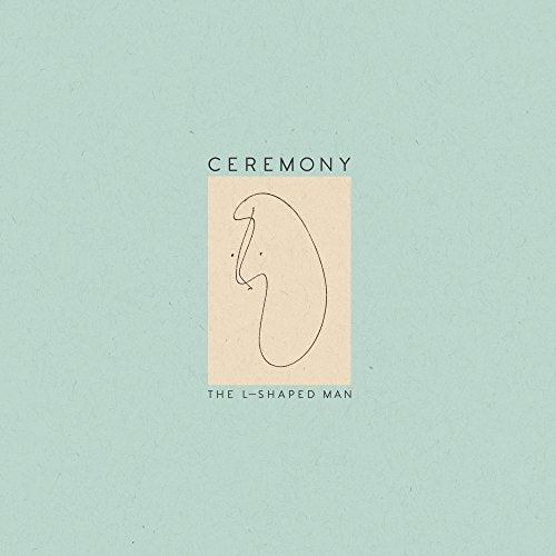 "Album cover with a simple line drawing of a man's profile on a peach rectangle."