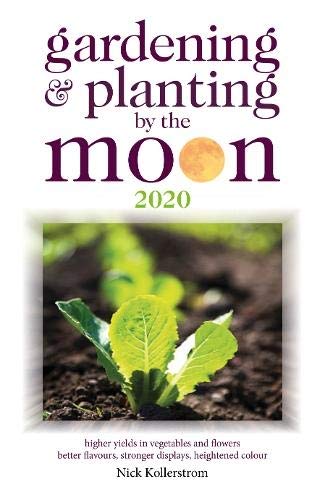 "Book cover with 'gardening & planting by the moon 2020' text and a sprouting plant image."