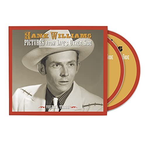 "CD cover featuring a black and white portrait of Hank Williams wearing a cowboy hat."