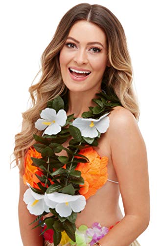 "Woman wearing a colourful floral lei necklace and matching bikini top, smiling."