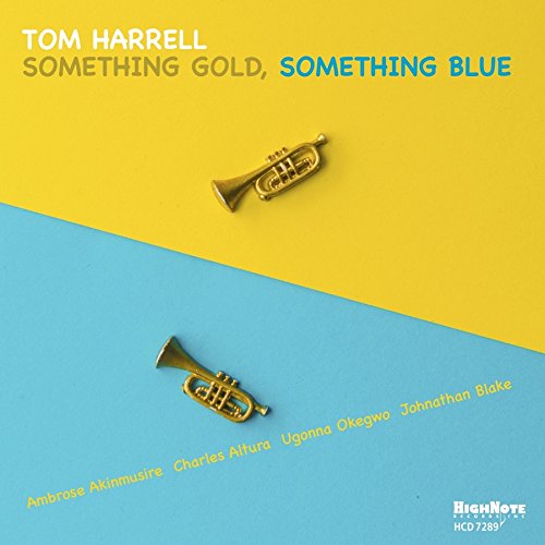 "Album cover with yellow and blue background, featuring two golden trumpets and artist names."