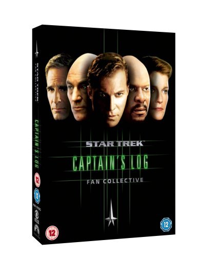 "Black DVD case with 'Star Trek: Captain's Log' text and four men's faces."