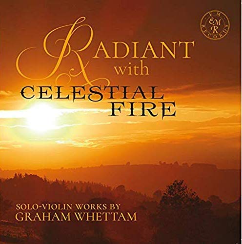 "Album cover with orange sunset and text 'Radiant with Celestial Fire' in gold and black."