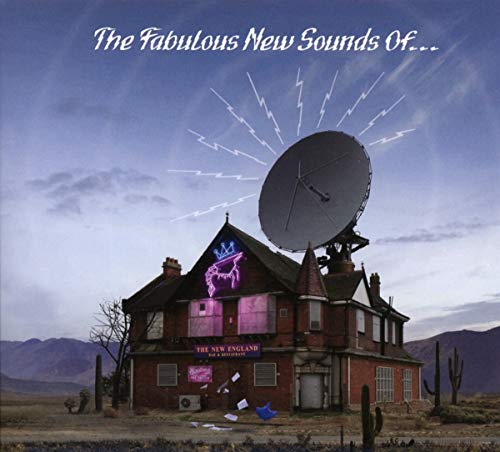 The image depicts a surreal scene with a two-story red brick building, adorned with a neon sign reading "The New England" and featuring a large satellite dish on its roof. The building is set against a backdrop of mountains, with a blue sky above. The overall atmosphere is one of mystery and intrigue, with the juxtaposition of the old-fashioned building and the futuristic satellite dish creating a sense of contrast. A concise alt text for this image could be: "A red brick building with