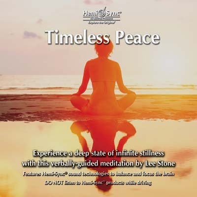 The image depicts a serene scene with a person meditating on a wooden platform at the edge of a lake, surrounded by trees and mountains. The alt text for this image could be: "CD cover with person meditating by a serene lake."