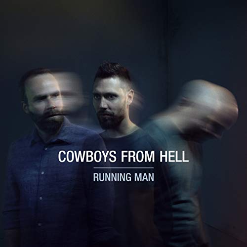 "CD cover art with three blurred men and white text 'Cowboys From Hell Running Man'."