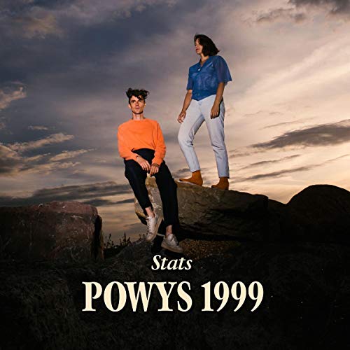 "Album cover with two women on rocks, 'Stats' and 'POWYS 1999' text."