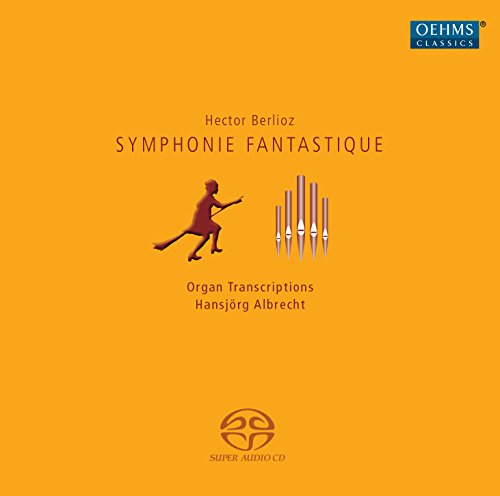 The alt text for the image is: "Orange CD cover with organ pipes and running figure graphic."