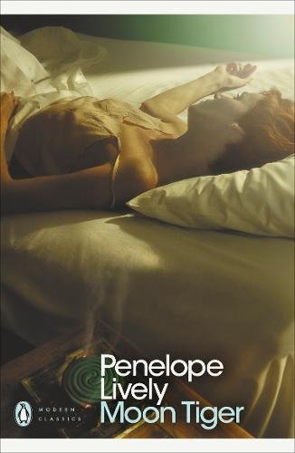 "Book cover of 'Moon Tiger' by Penelope Lively, featuring a woman lying on a bed."