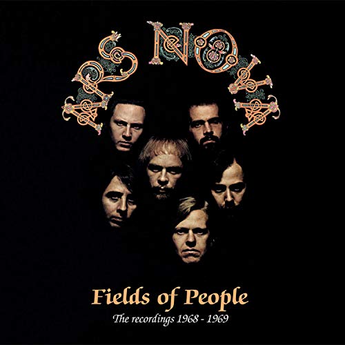 "Album cover with seven men's faces and ornate title on a black background."