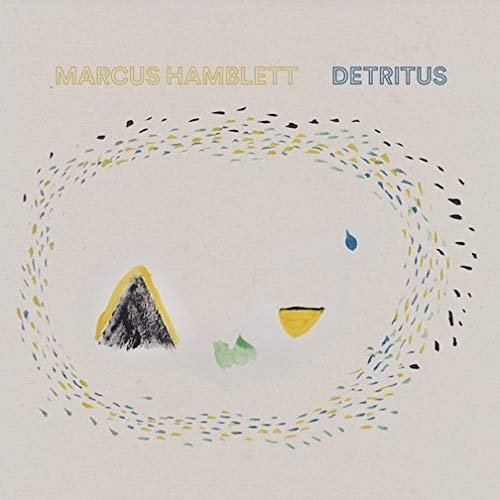 The image depicts a vinyl record cover with abstract shapes and text. Alt text: Vinyl record cover with abstract shapes and artist's name "Marcus Hamblett".