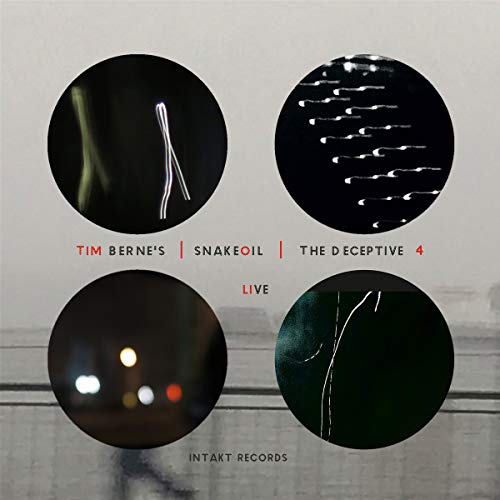 The image is a CD cover for "Tim Berne's Snakeoil - The Deceptive 4 Live" with EAN 7640120193584. Alt text: Four circular images on a gray background, with text "Tim Berne's Snakeoil Live" and "Intakt Records" below.