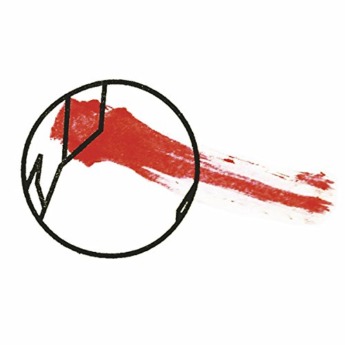 The image depicts a vinyl record with a red smear on a white background. A suitable alt text could be: "Vinyl record with red smear on white background."