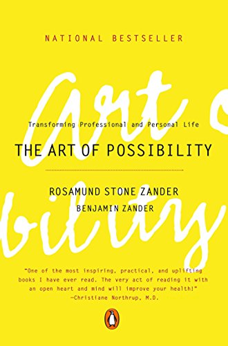 The image is a book cover with a yellow background and black text. Alt text: Yellow book cover with "art of possibility" written in white cursive font.