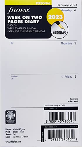 2023 Filofax Personal Week on Two Pages English Sunday Start 223 Diary, White