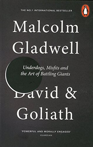 "Book cover of 'David and Goliath' by Malcolm Gladwell, dark grey background, white text, penguin logo."