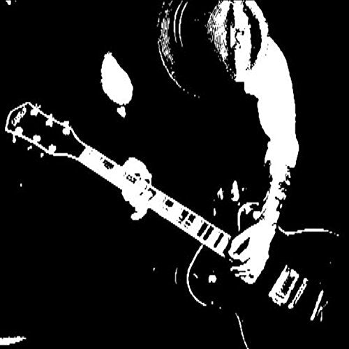 "Album cover with white silhouette of man playing guitar against a black background."