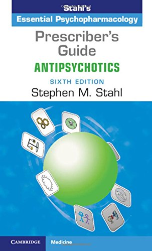 "Book cover with green sphere and icons, titled 'Prescriber's Guide: Antipsychotics' by Stephen M. Stahl."