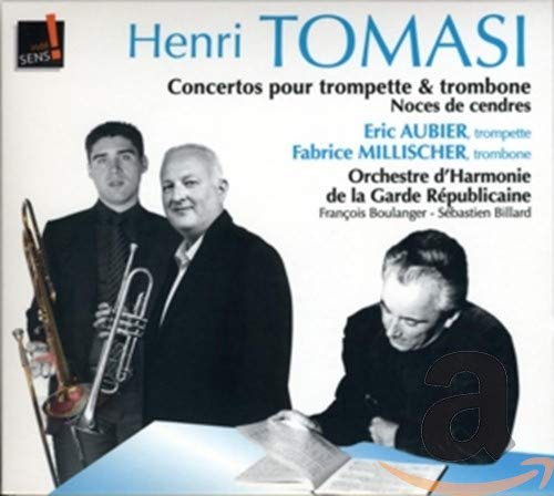 CD cover with three men, trumpet, and trombone, featuring Henri Tomasi's concertos.