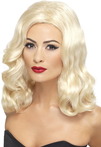 Mannequin head wearing a blonde, wavy wig and red lipstick, against a white background.