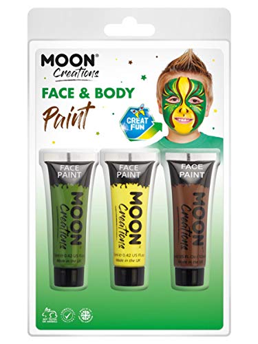 "Face paint packaging with three tubes of paint and a child with painted face."
