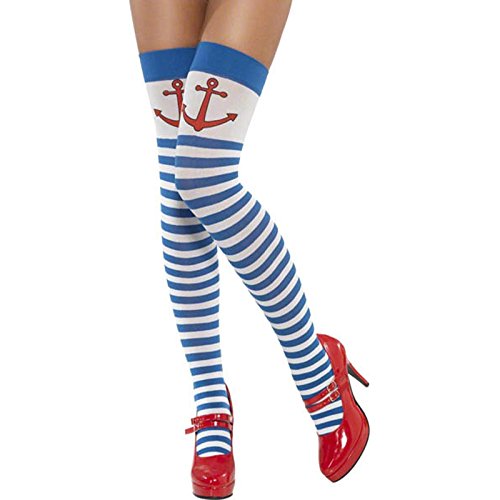 "Blue and white striped thigh-high stockings with red anchor print on a model's legs."