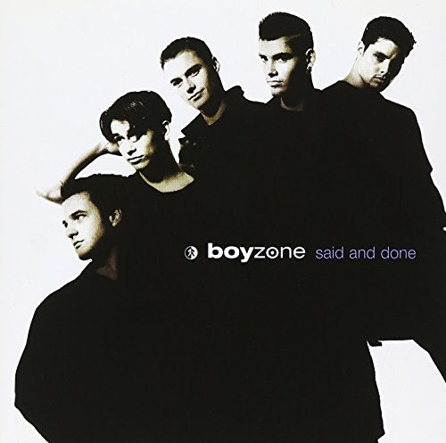 "Album cover with five men in black clothing against a white background."