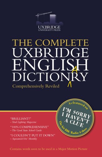 "The Complete Uxbridge English Dictionary" book cover with dark blue and red design.