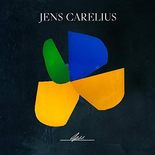 The image depicts a vinyl record cover featuring an abstract design. Alt text: "Vinyl album cover with abstract shapes in green, blue, and yellow on dark background."