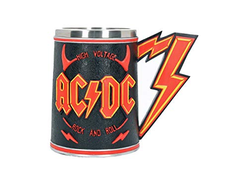 "Black tankard with red and yellow ACDC logo and lightning bolt handle."