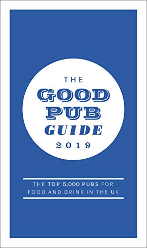 Blue book cover with white circle, featuring "The Good Pub Guide 2019" in blue text.