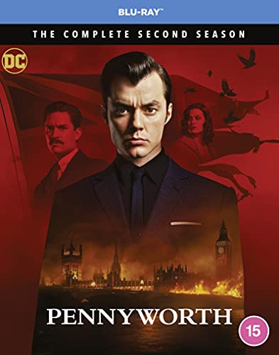 "Blu-ray cover for 'Pennyworth: Season 2' with man in suit and burning cityscape."