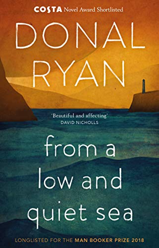The image depicts the cover of the book "From a Low and Quiet Sea". ## Step 1 To create a concise and descriptive alt text, we need to focus on the key visual characteristics of the image. ## Step 2 The main subject of the image is the book cover, which features a body of water and landmasses in the background. ## Step 3 The cover has a distinct color gradient, transitioning from orange at the top to blue towards the bottom, representing