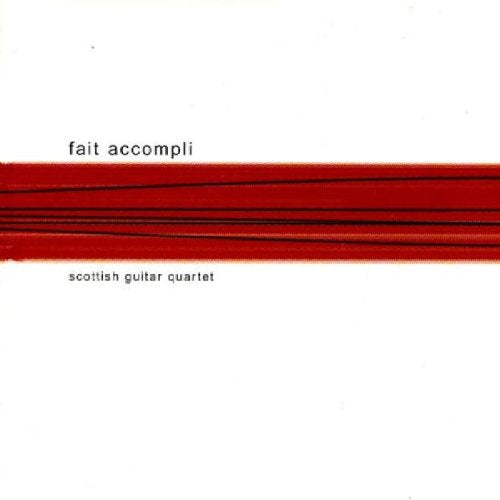 Album cover with red stripe and black lines on white background, text "fiat accompli" and "scottish guitar quartet".