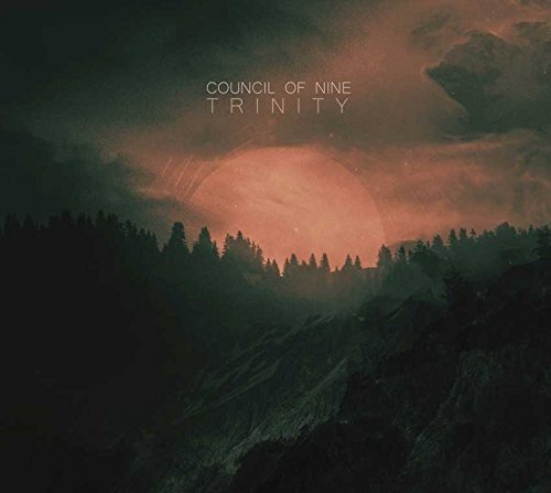 "Album cover art: dark landscape with trees, mountains, and orange cloudy sky."