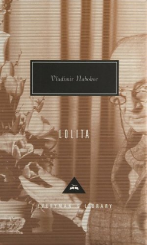 "Sepia-toned book cover with 'Lolita' title, author's name, and a man in glasses."