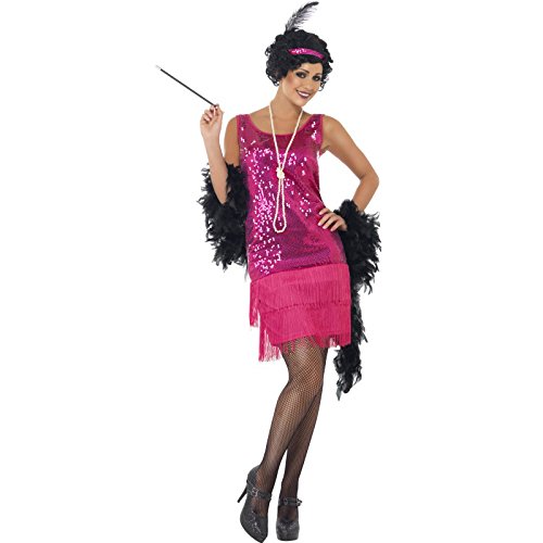 Woman in pink 1920s flapper costume, sequined dress, feathered accessories, holding a cane.