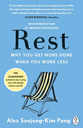 The image depicts a book cover featuring a striped deck chair on a blue background.